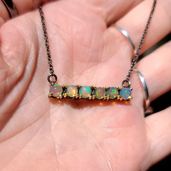 6k Opal sterling rhodium & gold bar necklace - Picture 3 of 6